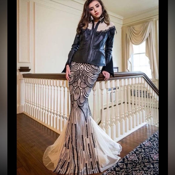 Art deco sequin black and beige mesh mermaid fit flare long skirt - Picture 4 of 11